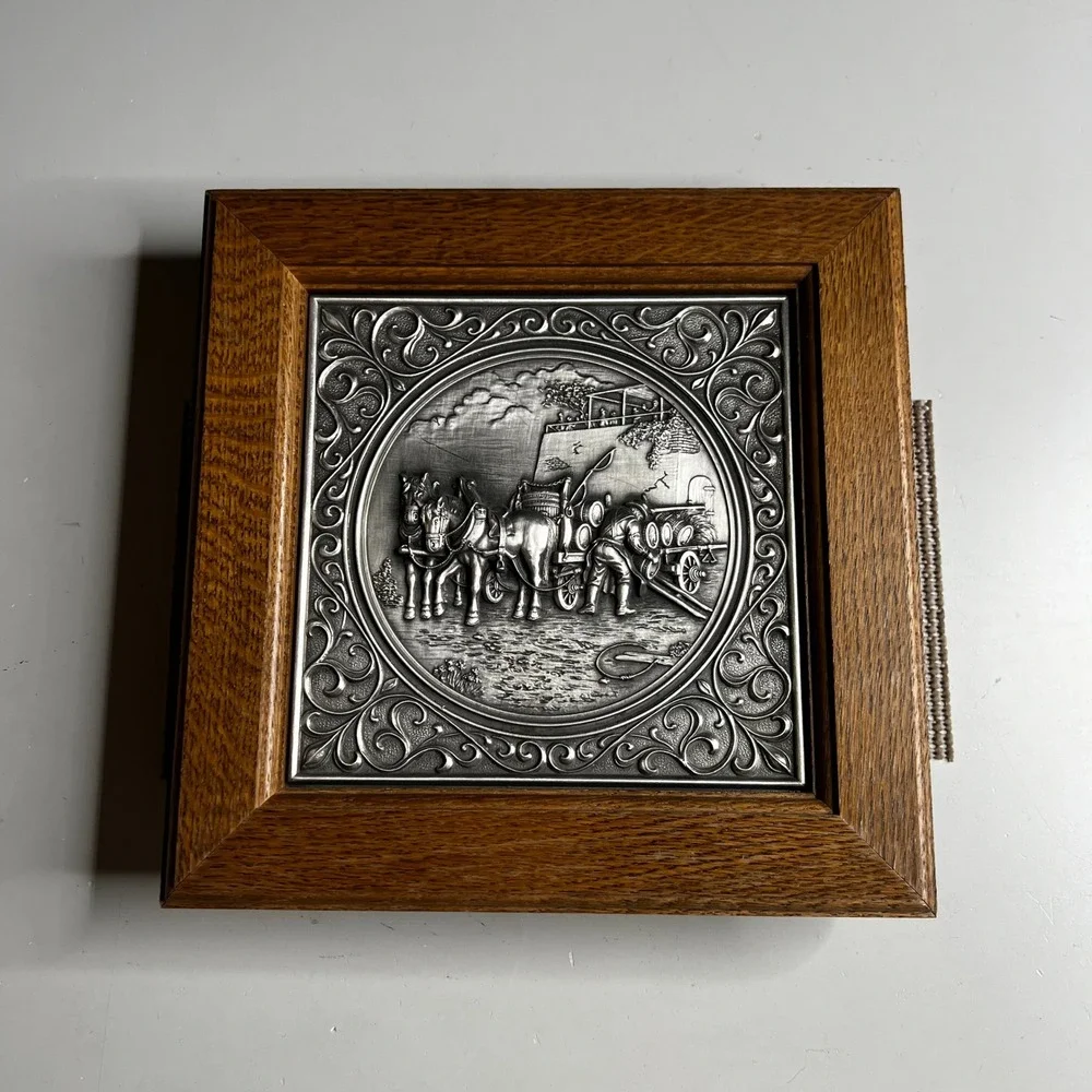 Vintage SKS Zinn 95 Pewter Relief Horse Beer Wagon Oak Key Cabinet Germany